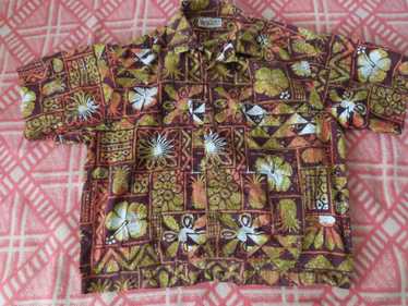 Hawaiian Shirt Barkcloth Green Pineapple Tiki Brown Size Small 