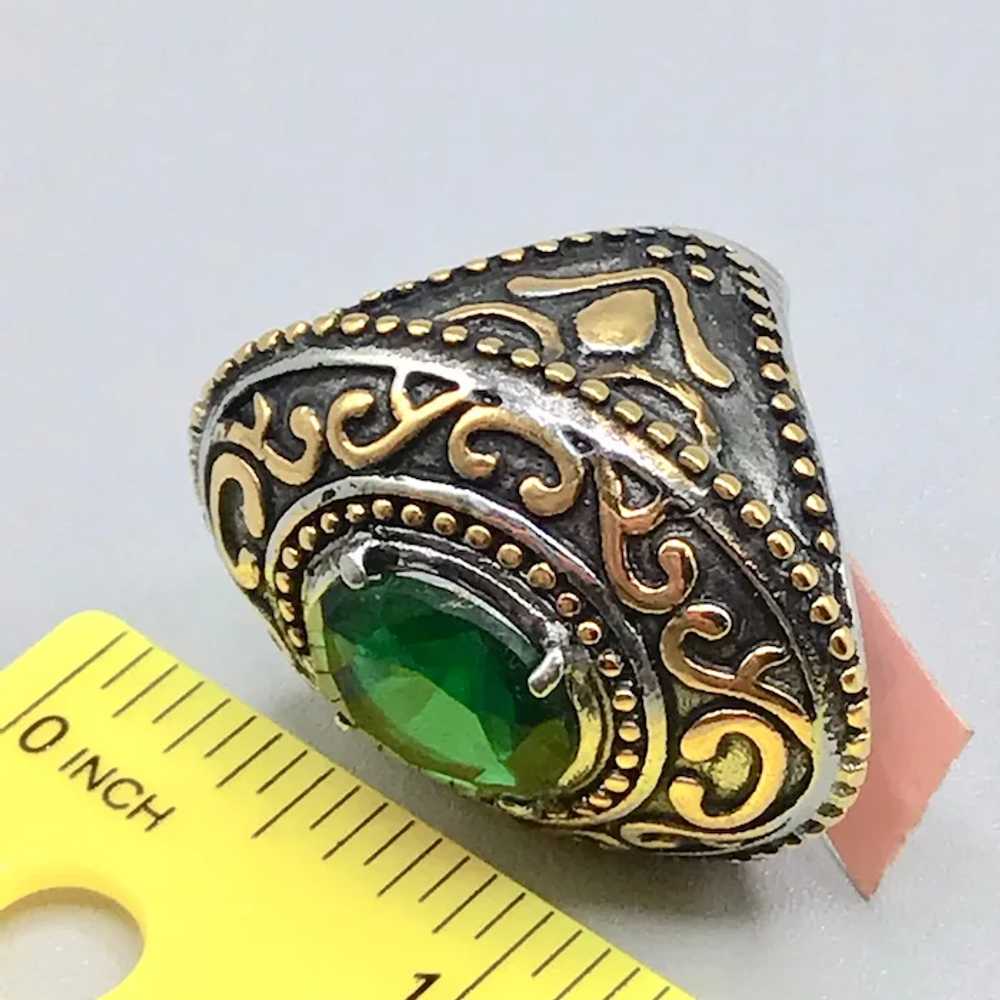 Two Tones Silver & Gold Ring Size 8 Green Glass S… - image 11