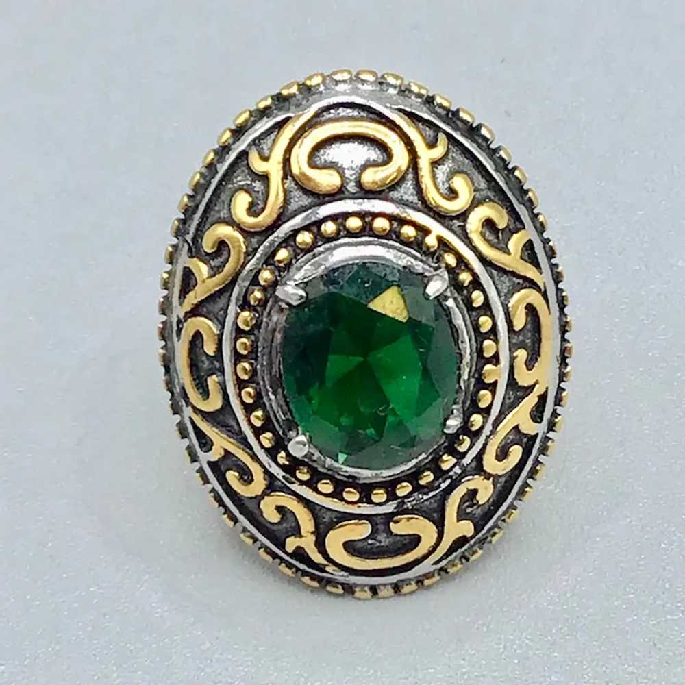 Two Tones Silver & Gold Ring Size 8 Green Glass S… - image 2