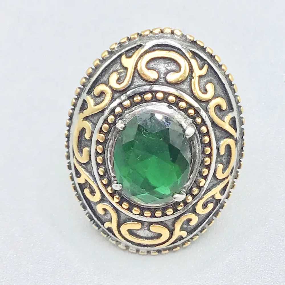 Two Tones Silver & Gold Ring Size 8 Green Glass S… - image 3