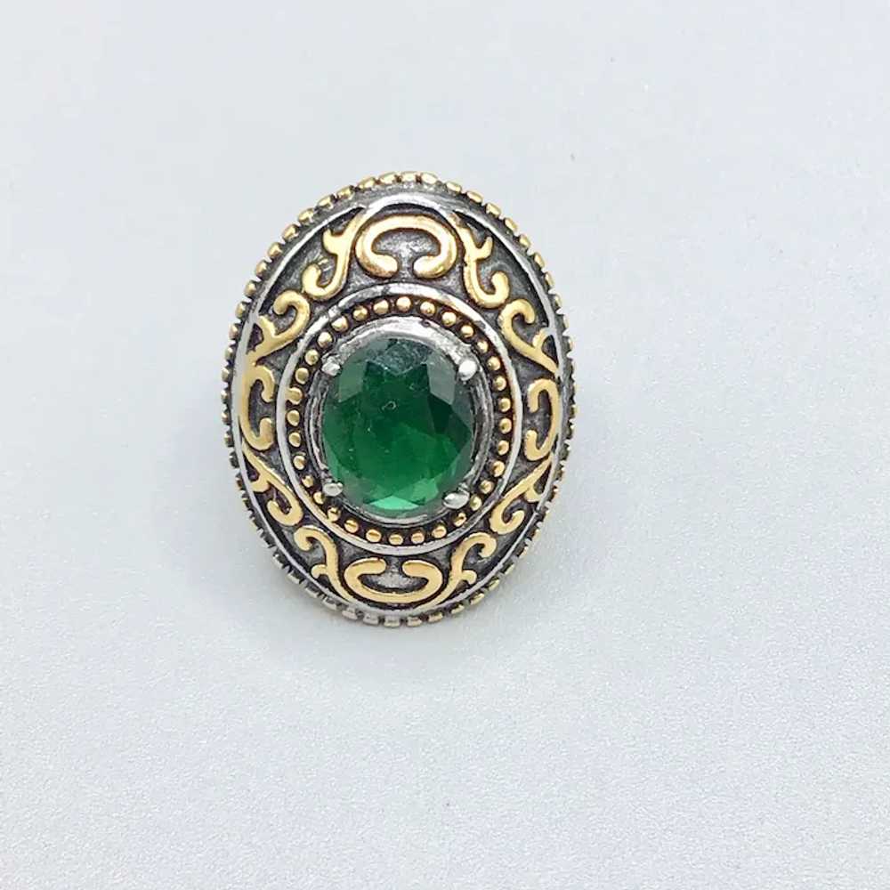Two Tones Silver & Gold Ring Size 8 Green Glass S… - image 4