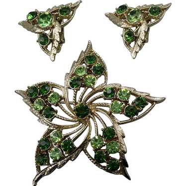 Coro Glowing Green Rhinestone Leafy Star Brooch Se