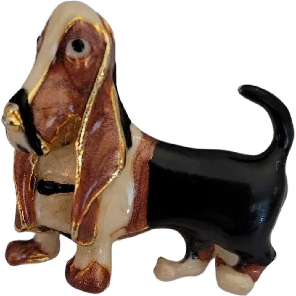 Gold Tone Enamel Tri-Color Basset Hound Dog Figur… - image 1