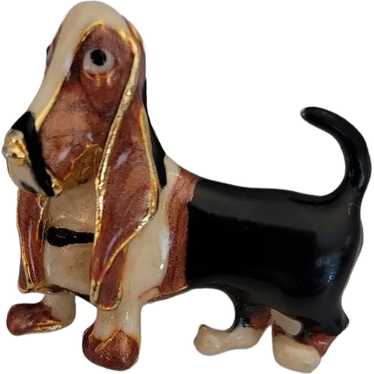Gold Tone Enamel Tri-Color Basset Hound Dog Figur… - image 1