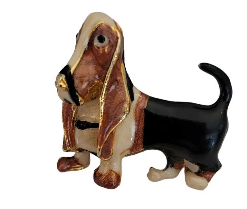 Gold Tone Enamel Tri-Color Basset Hound Dog Figur… - image 2