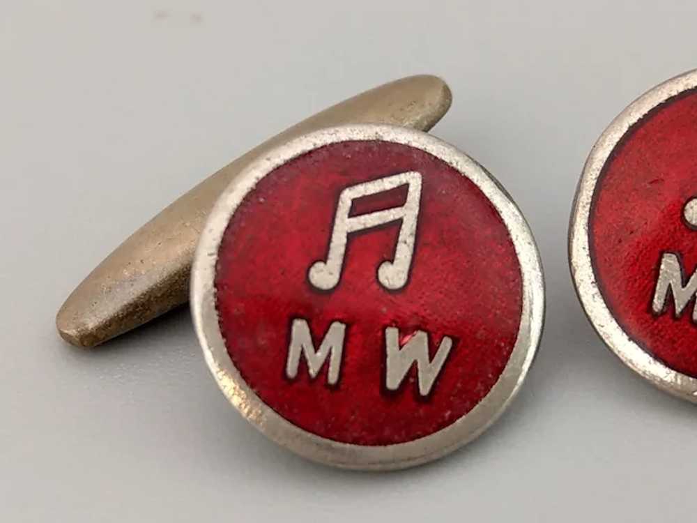 Round Art Deco red Guilloche Enamel cufflinks wit… - image 3