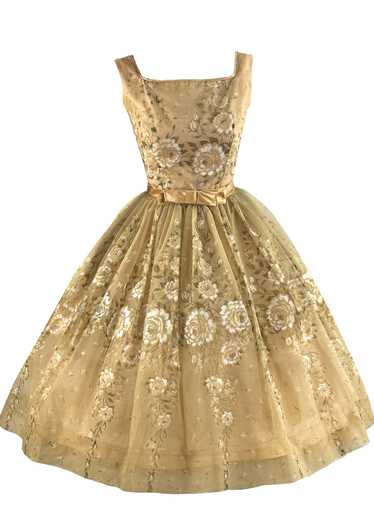 Vintage 1950s Golden Floral Painted Chiffon Dress 