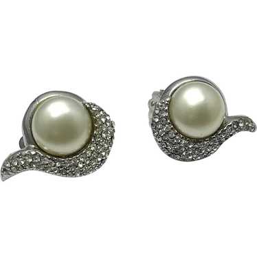 Vintage Les Bernard Rhinestone Pearl Earrings - image 1