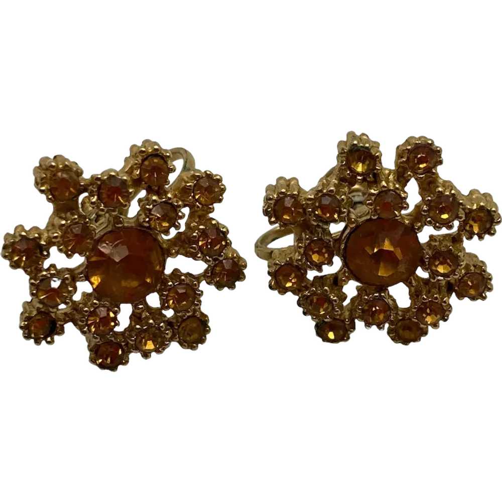 Pair of Vintage Mid-Century Citrine Rhinestone Ea… - image 1