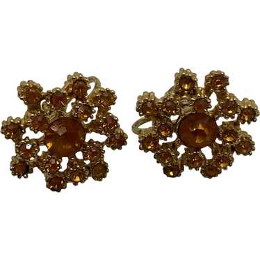 Pair of Vintage Mid-Century Citrine Rhinestone Ea… - image 1