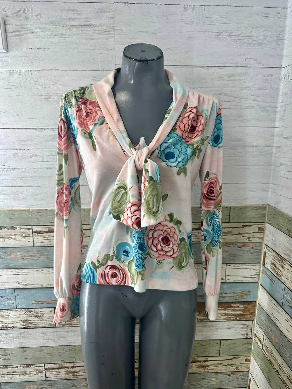 70’s Pink Multicolor Flower Print Blouse With Bow - image 1
