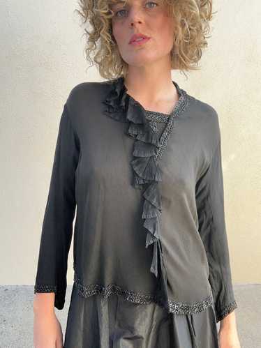 Victorian Black Beaded Silk and Ruffled Mourning T