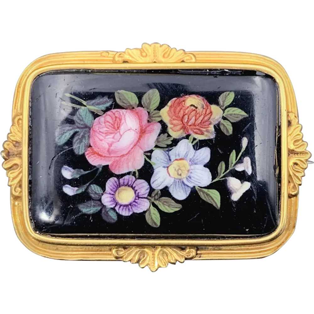 Antique 18K & Hand Painted Enamel Floral Brooch - image 1