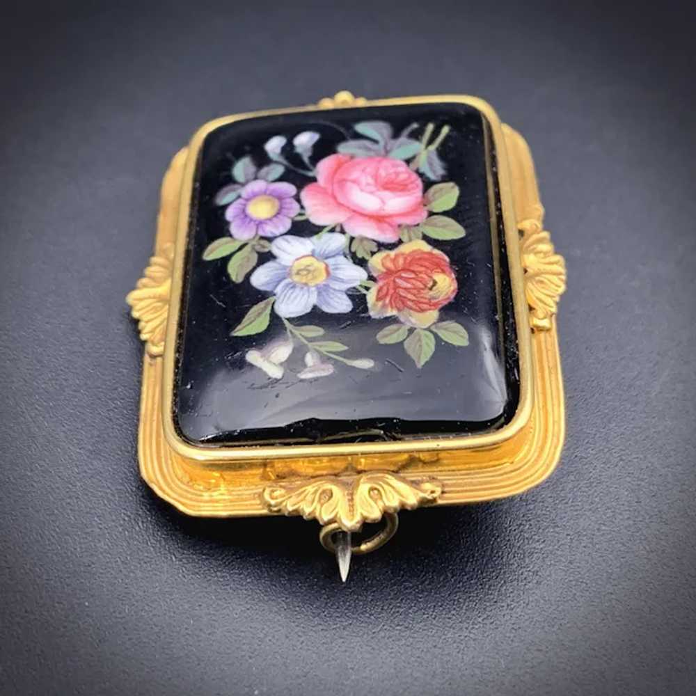 Antique 18K & Hand Painted Enamel Floral Brooch - image 2