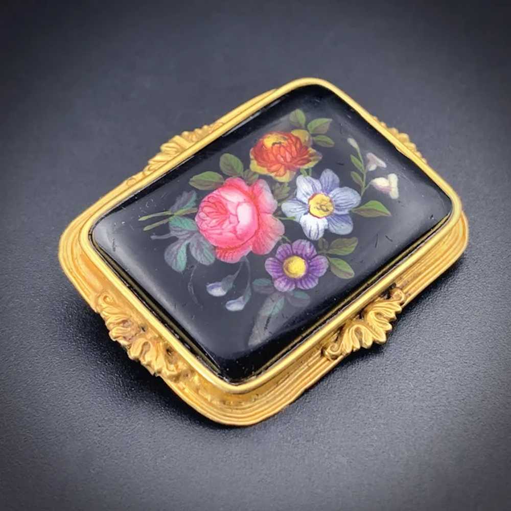 Antique 18K & Hand Painted Enamel Floral Brooch - image 3