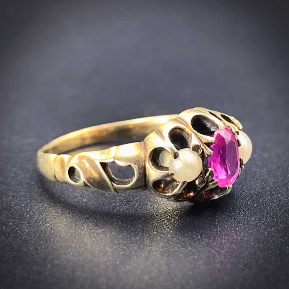 Antique 18K, Ruby & Pearl Ring - image 2