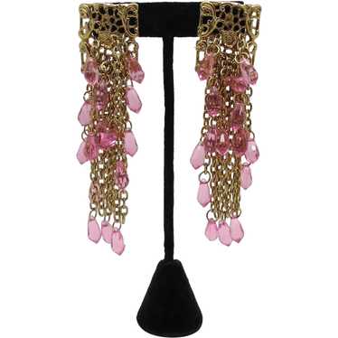 Goldtone Metal Earrings with Metal Fringe and Pink