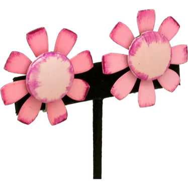 Pink Enameled Flower Earrings - image 1