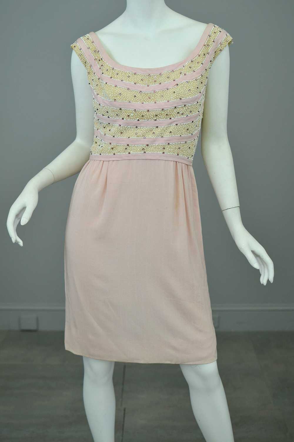 1960s Pale Pink Beaded Short Cocktail Dress - image 9