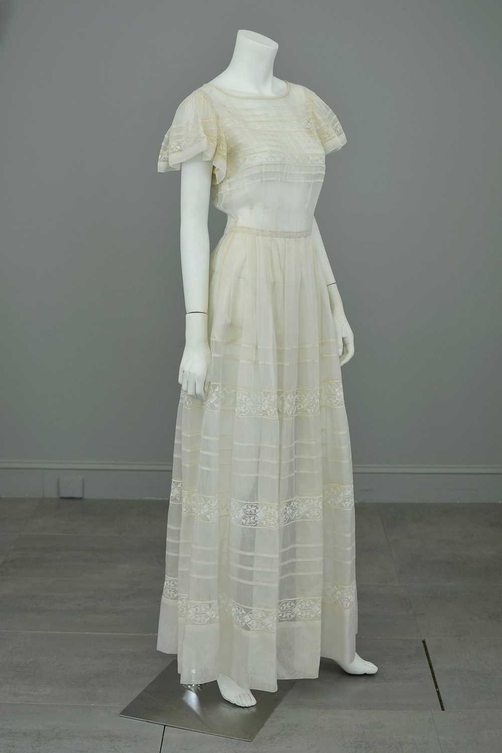 1970s Lovely Sheer Cream Tiered Panel Gown with F… - image 1