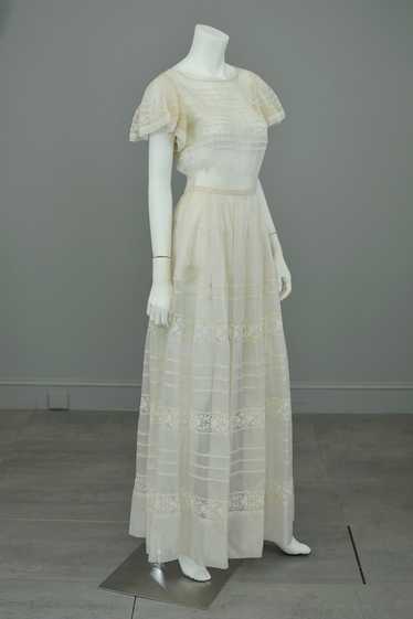1970s Lovely Sheer Cream Tiered Panel Gown with Fl
