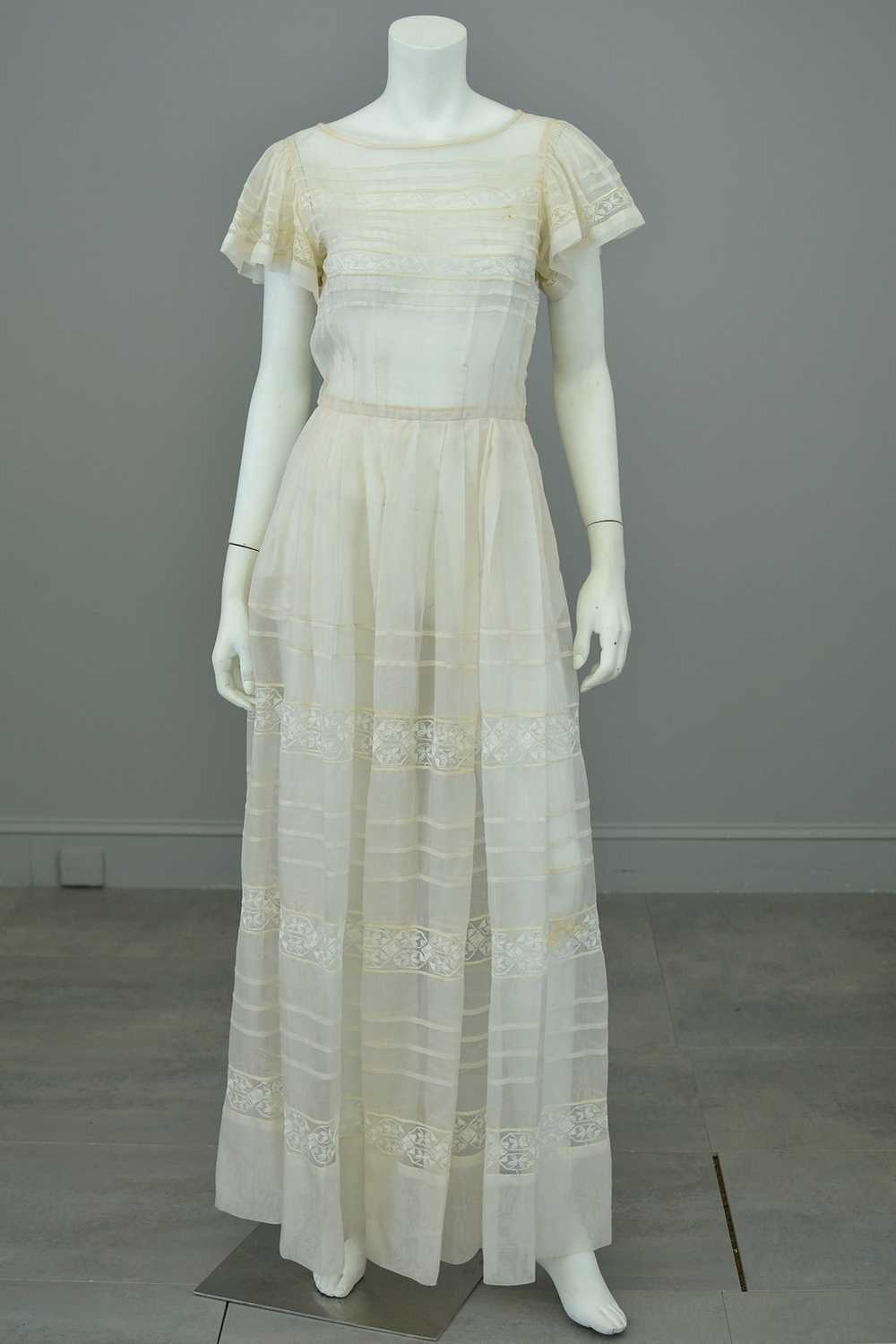 1970s Lovely Sheer Cream Tiered Panel Gown with F… - image 2