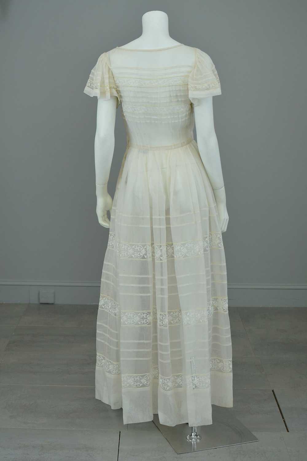 1970s Lovely Sheer Cream Tiered Panel Gown with F… - image 4