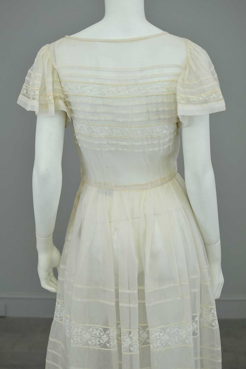 1970s Lovely Sheer Cream Tiered Panel Gown with F… - image 5