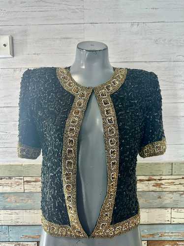 80’s Black & Bronze Sequence Beaded Short Sleeve D