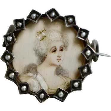 Victorian Seed Pearl Hand Painted Miniature Portr… - image 1