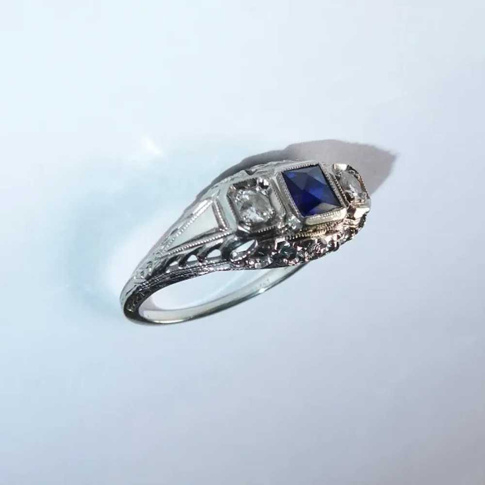 Art Deco 18k White Gold Filigree Diamonds & Sapph… - image 5