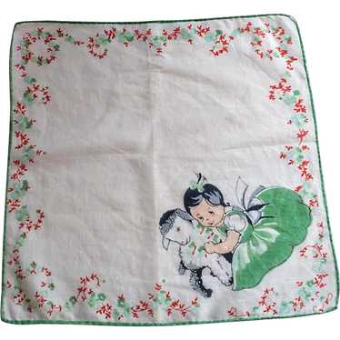 Vintage Child's Handkerchief Girl with Lamb - image 1