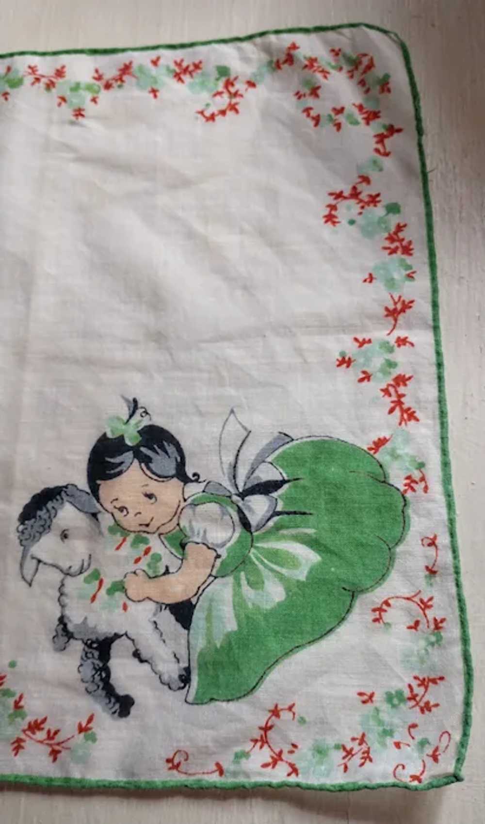 Vintage Child's Handkerchief Girl with Lamb - image 2