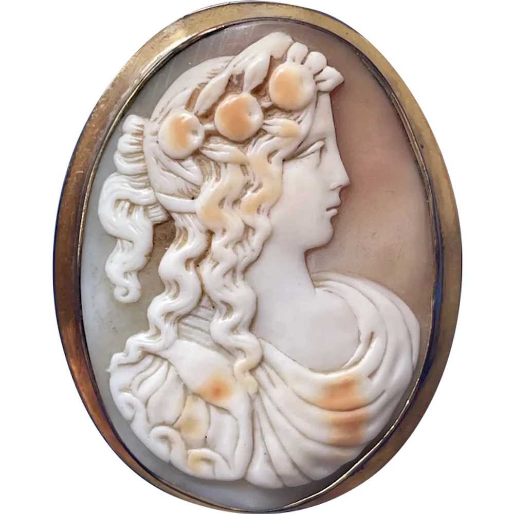 Beautiful Large Shell Cameo Pin - Lady with Fruit… - image 1