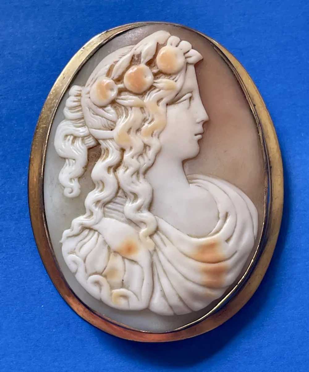 Beautiful Large Shell Cameo Pin - Lady with Fruit… - image 4