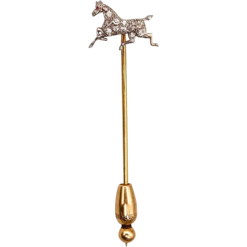Edwardian 1909 Horse Stick Pin In 14Kt Gold And P… - image 1
