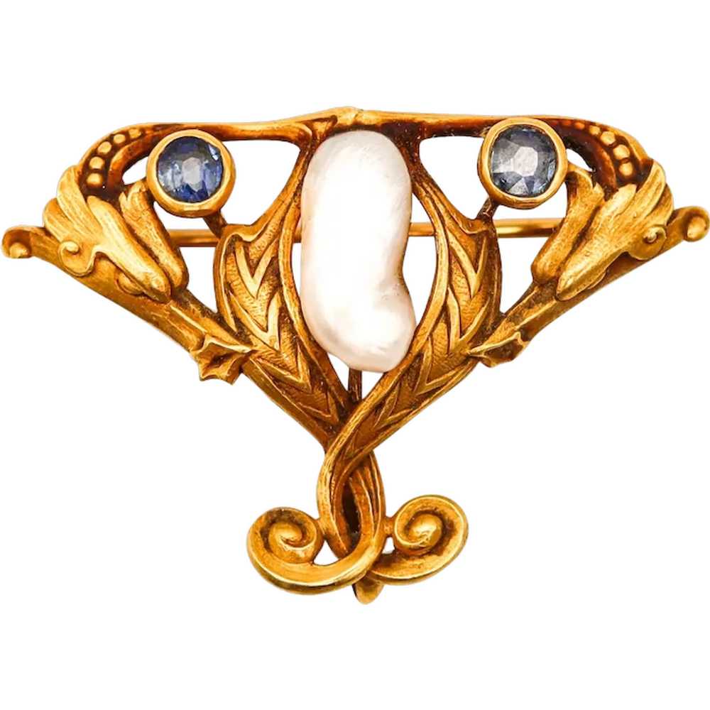 Art Nouveau 1890 Brooch In 14Kt Gold Montana Sapp… - image 1