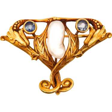 Art Nouveau 1890 Brooch In 14Kt Gold Montana Sapp… - image 1