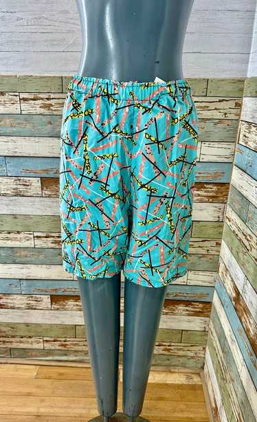 80’s Blue With Multicolor Graphic High Waisted Sho