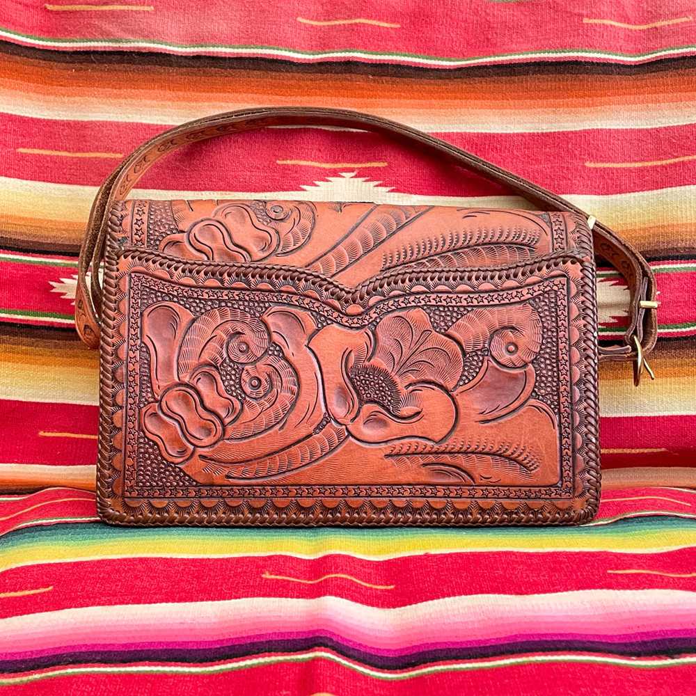 Vintage Heavily Tooled Leather Handbag, Southwest… - image 11
