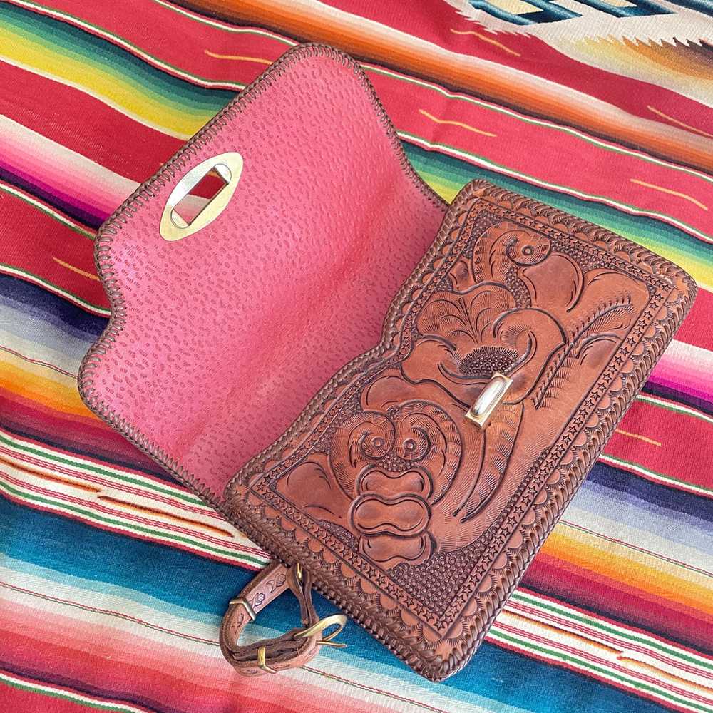 Vintage Heavily Tooled Leather Handbag, Southwest… - image 12
