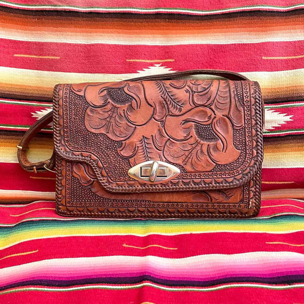 Vintage Heavily Tooled Leather Handbag, Southwest… - image 1