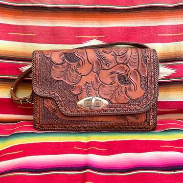 Vintage Heavily Tooled Leather Handbag, Southwest… - image 1