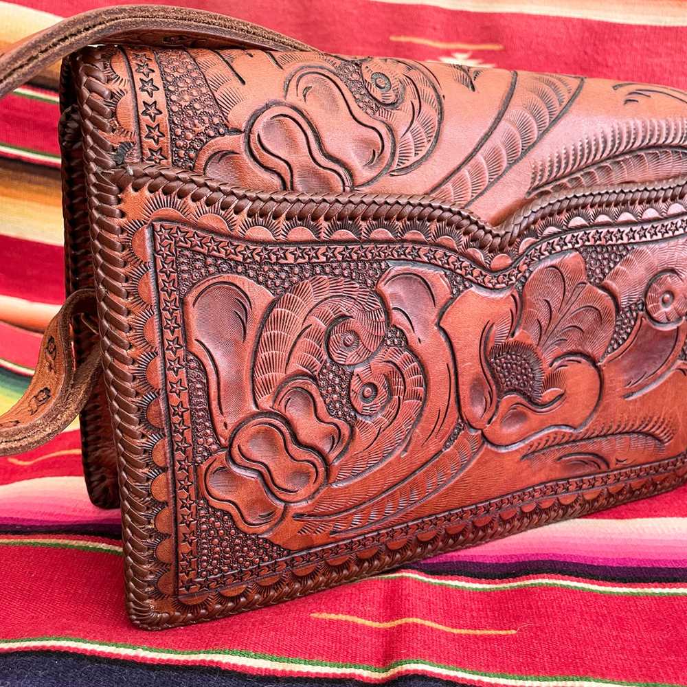 Vintage Heavily Tooled Leather Handbag, Southwest… - image 2