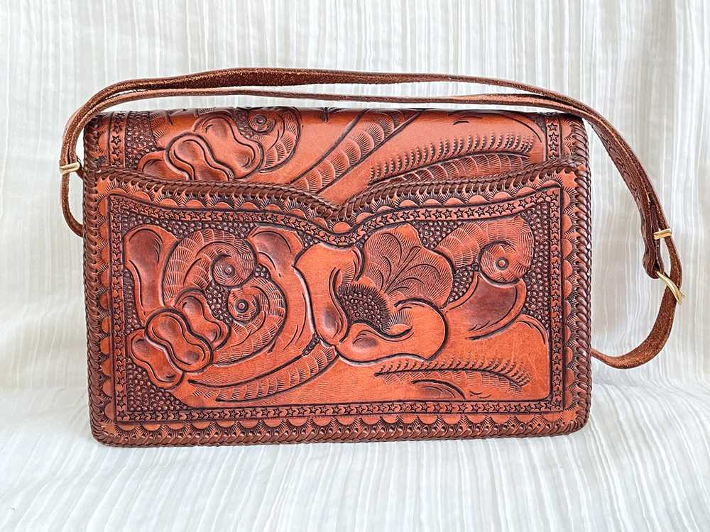 Vintage Heavily Tooled Leather Handbag, Southwest… - image 5