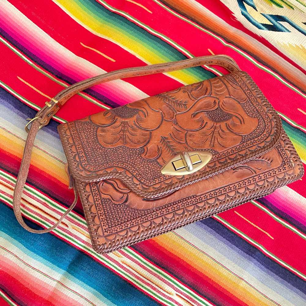 Vintage Heavily Tooled Leather Handbag, Southwest… - image 8