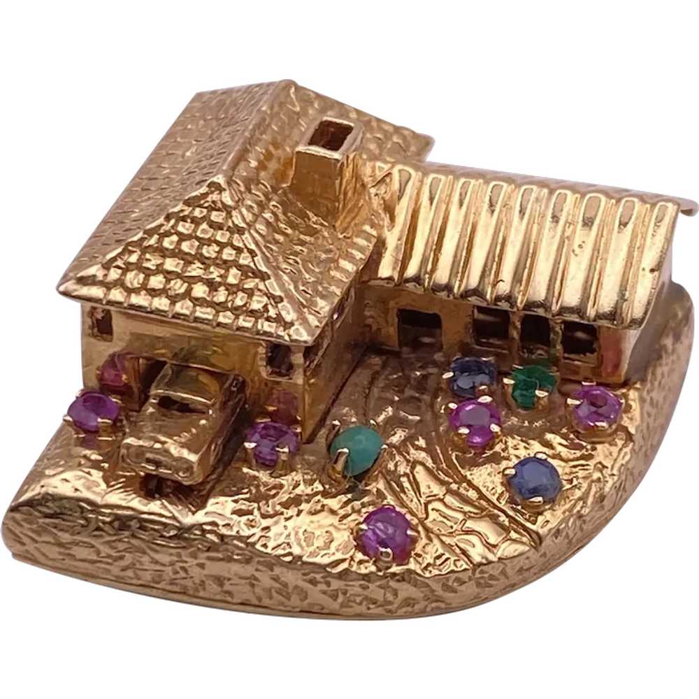 BIG Jeweled Mechanical Charm House with Car 14K G… - image 1