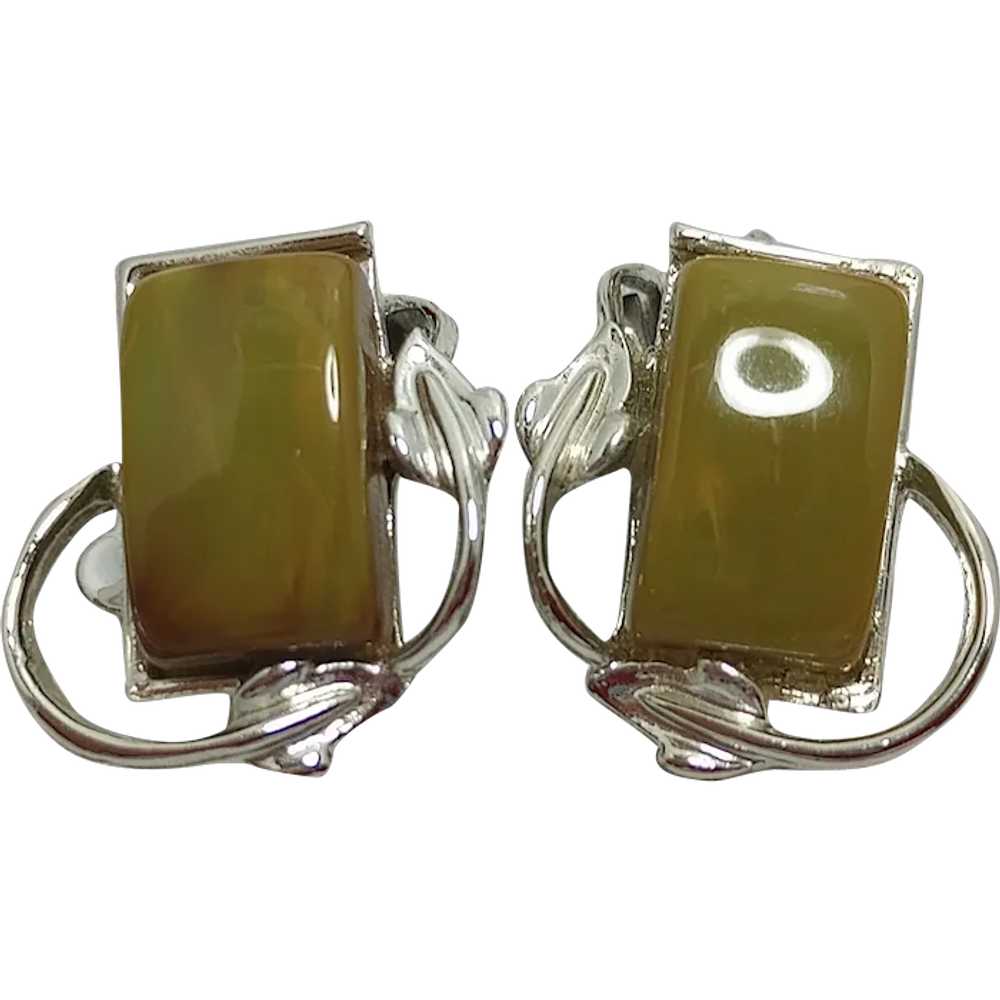 Vintage Coro Silver Tone Bakelite Clip Earrings, … - image 1