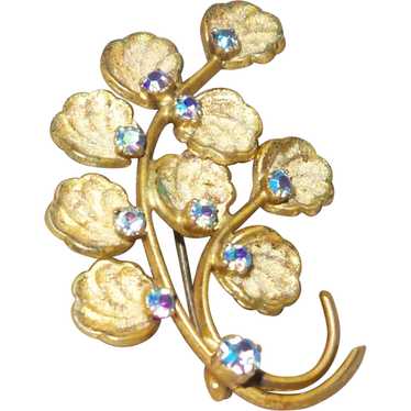 Russian Gold Leaf Motif Brooch with AB Stones - image 1