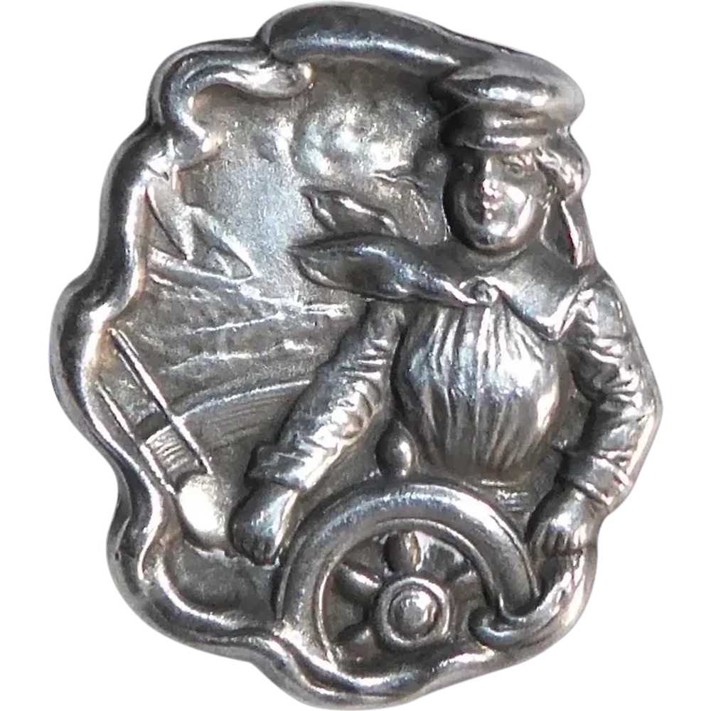 Art Nouveau Sterling Nautical Pin w Woman at the … - image 1